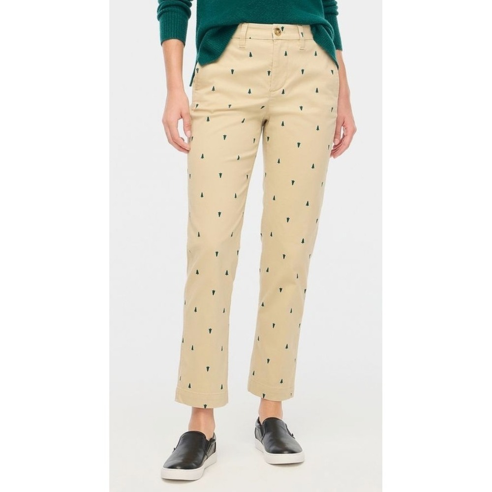 NWT J Crew Tree Printed High-Rise Girlfriend Chino Tan Beige Pants Size 10